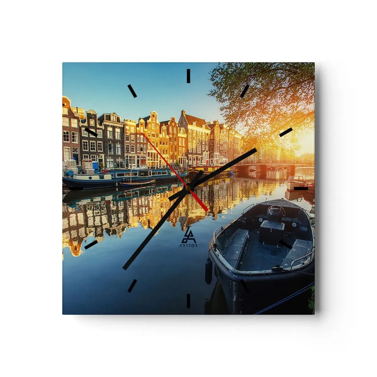 Reloj de pared - Reloj de vidrio - Canal de Ámsterdam al atardecer - 30x30cm - Mañana en Ámsterdam - Decoración de pared moderna para salón y dormitorio ARTTOR