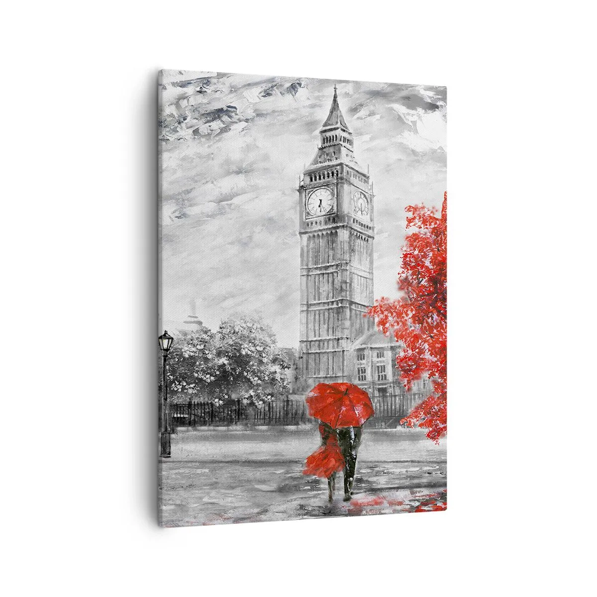 Cuadro sobre lienzo - Impresión de Imagen - Vista icónica de Londres con el Big Ben, un autobús rojo y un paraguas. - 50x70cm - Un día emocionante - Decoración de pared moderna para salón y dormitorio ARTTOR