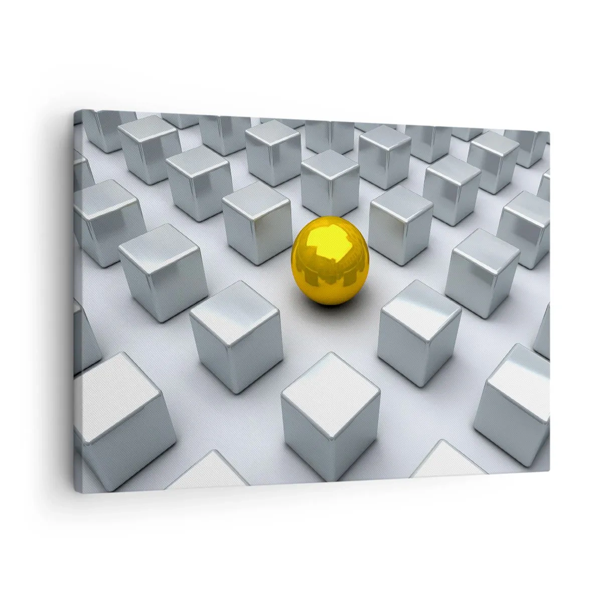 Cuadro sobre lienzo - Impresión de Imagen - Una esfera dorada que destaca entre los cubos plateados. - 70x50cm - ¿Por qué yo? Composición geométrica - Decoración de pared moderna para salón y dormitorio ARTTOR