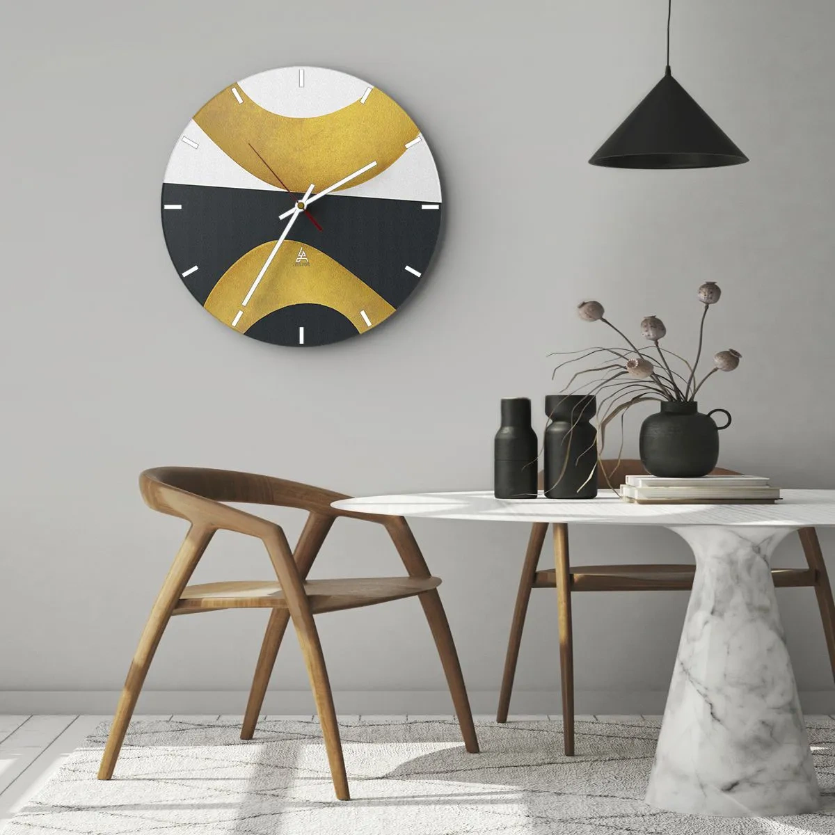 Reloj de pared - Reloj de vidrio - Formas abstractas doradas sobre un fondo blanco y negro - 30x30cm - Blanco, negro, dorado - Decoración de pared moderna para salón, cocina y dormitorio ARTTOR