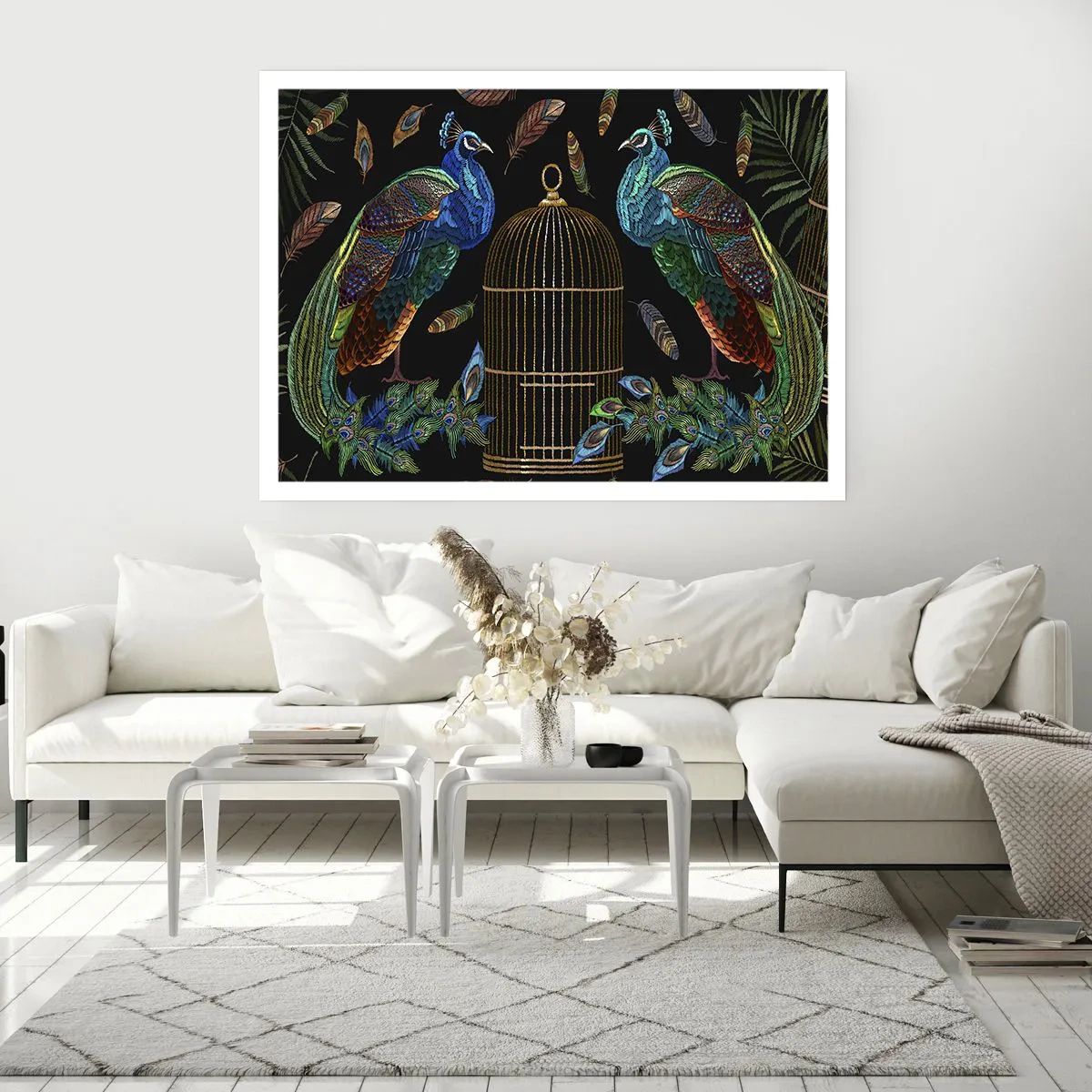 Póster - Pavos reales junto a una jaula dorada sobre un fondo negro - 100x70cm - Con plumajes reales - Decoración de pared moderna para salón y dormitorio ARTTOR