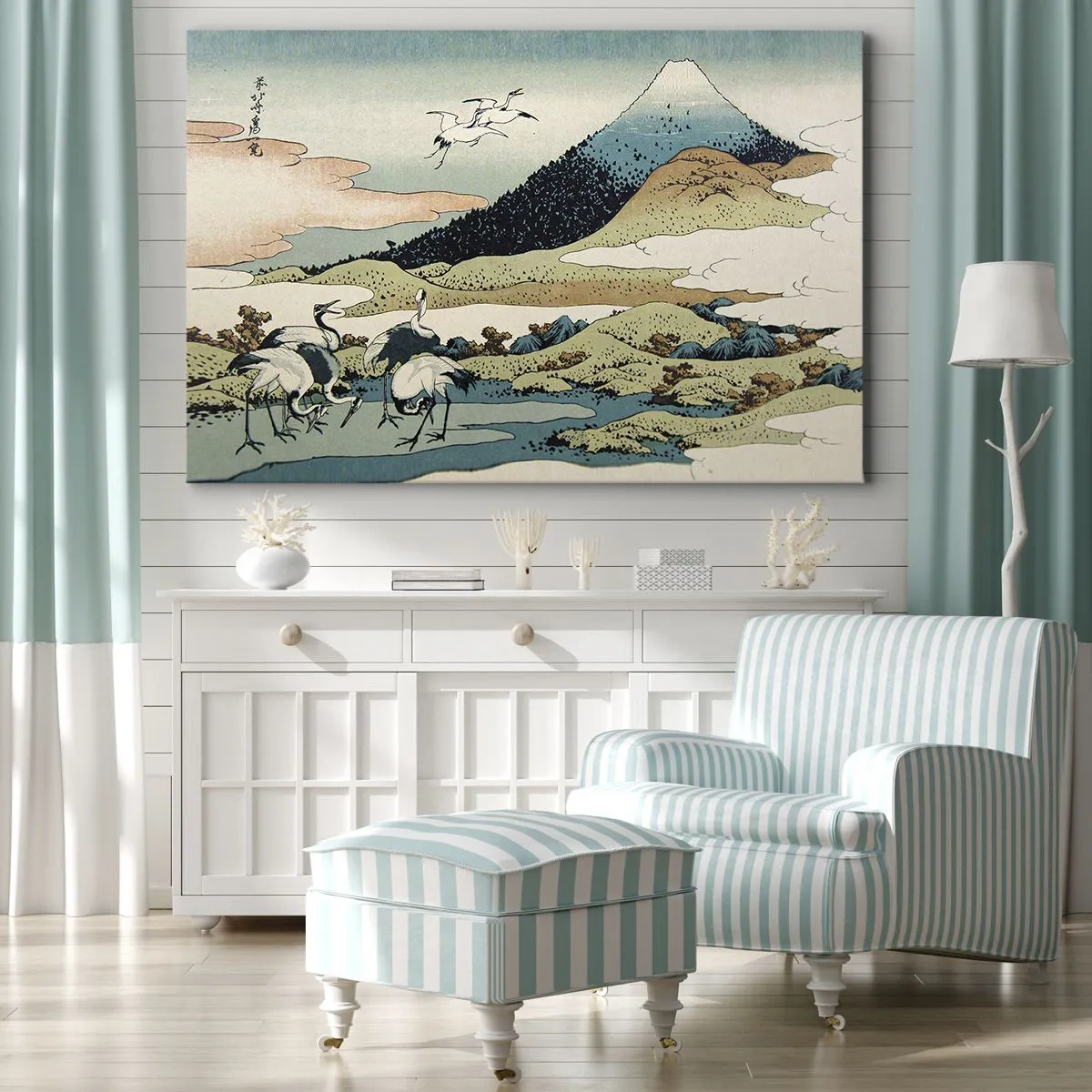 Cuadro sobre lienzo - Impresión de Imagen - Gráficos tradicionales japoneses con montañas y grúas. - 120x80cm - Alma japonesa - Decoración de pared moderna para salón y dormitorio ARTTOR