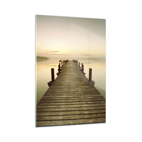 Cuadro sobre vidrio - Impresiones sobre Vidrio - Un embarcadero de madera en un lago tranquilo al amanecer. - 50x70cm - Antes del amanecer, al amanecer, la luz - Decoración de pared moderna para salón y dormitorio ARTTOR