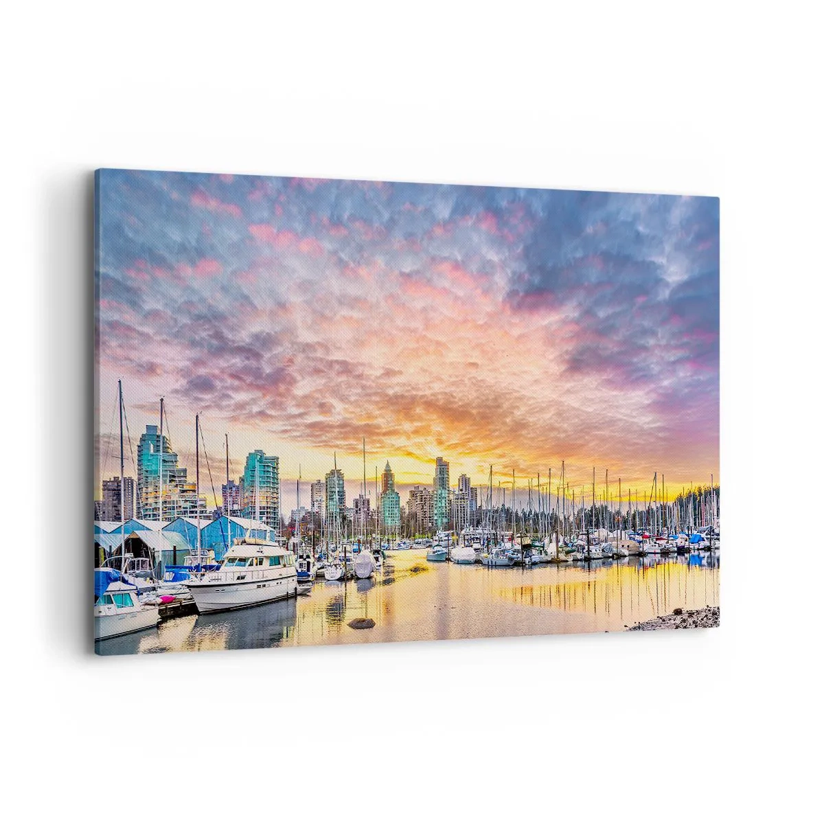Cuadro sobre lienzo - Impresión de Imagen - Puerto deportivo con yates y paisaje urbano al atardecer - 100x70cm - Una ciudad de mil marineros - Decoración de pared moderna para salón y dormitorio ARTTOR