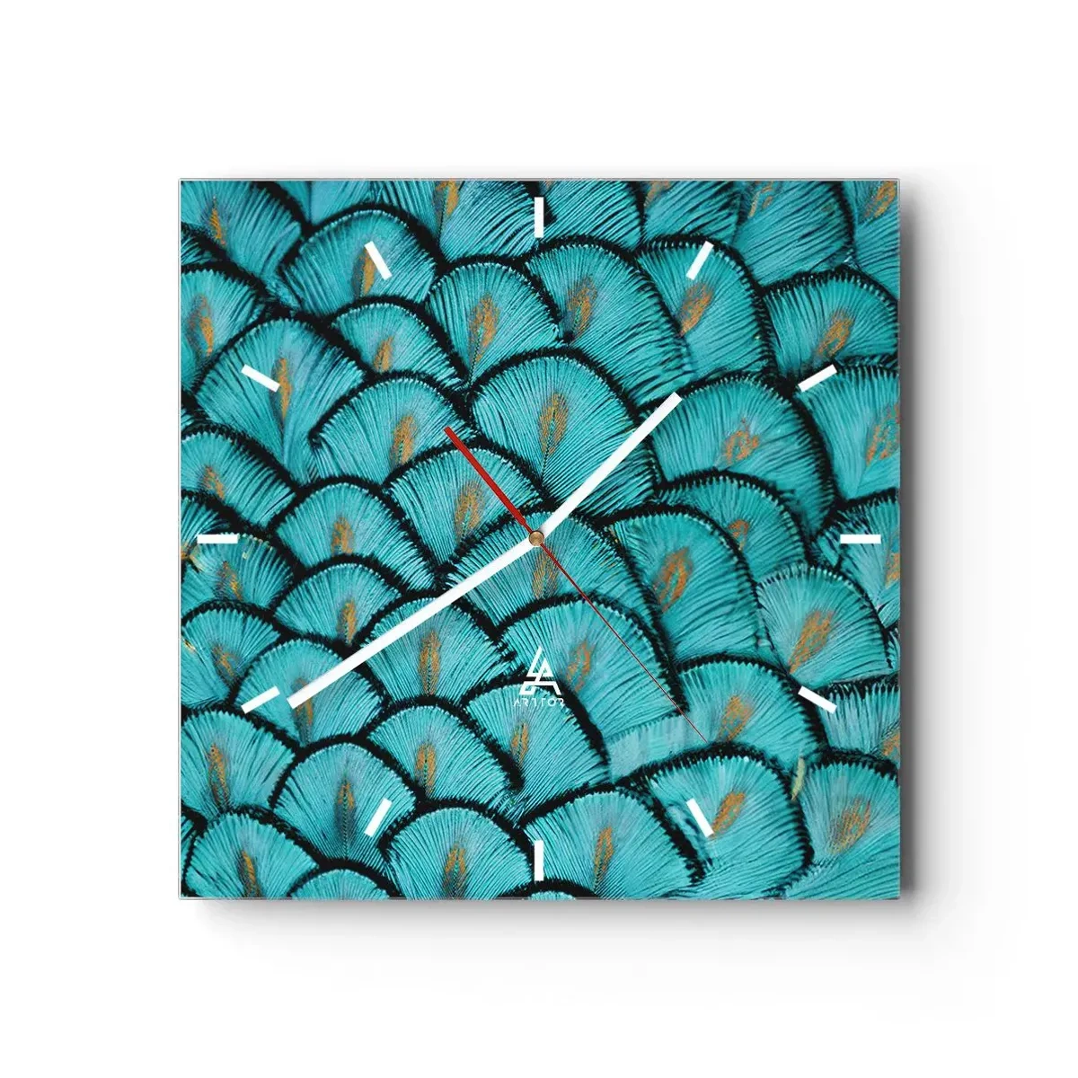 Reloj de pared - Reloj de vidrio - Un patrón que se asemeja a escamas turquesas con acentos dorados. - 30x30cm - La gran gala de las plumas - Decoración de pared moderna para salón y dormitorio ARTTOR
