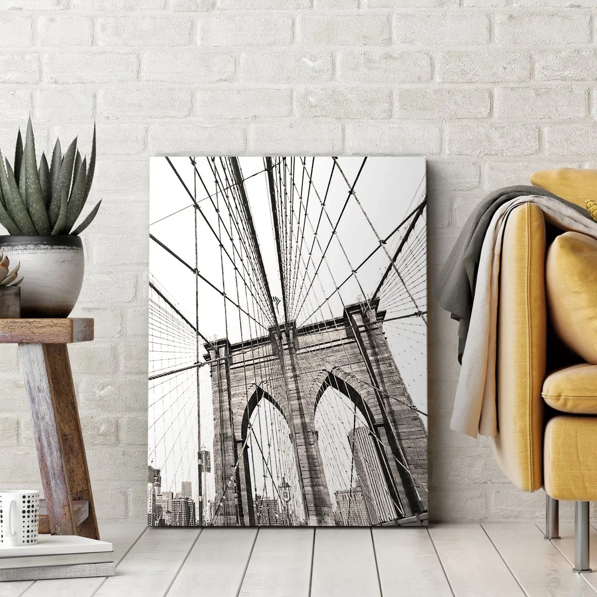 Cuadro sobre lienzo - Impresión de Imagen - El puente de Brooklyn en monocromo - 50x70cm - Catedral de Nueva York - Decoración de pared moderna para salón y dormitorio ARTTOR