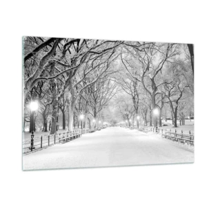 Cuadro sobre vidrio - Impresiones sobre Vidrio - Callejón de árboles de invierno en el parque con luces y nieve. - 120x80cm - Cuatro estaciones - invierno - Decoración de pared moderna para salón y dormitorio ARTTOR