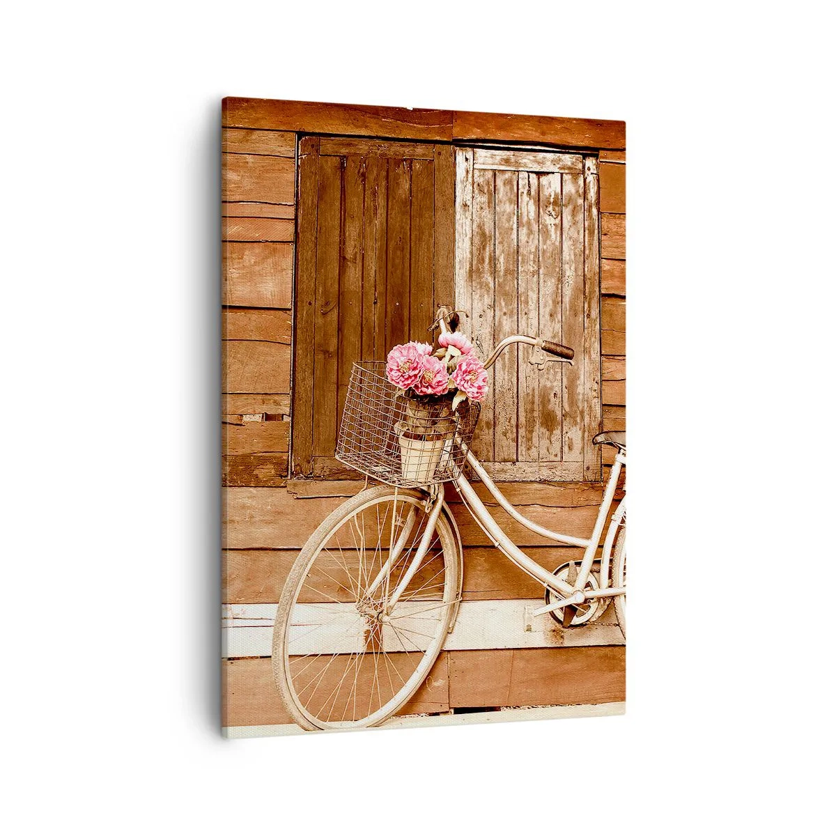 Cuadro sobre lienzo - Impresión de Imagen - Una bicicleta con una cesta llena de rosas contra una pared de madera. - 50x70cm - Ahora mismo vuelvo - Decoración de pared moderna para salón y dormitorio ARTTOR