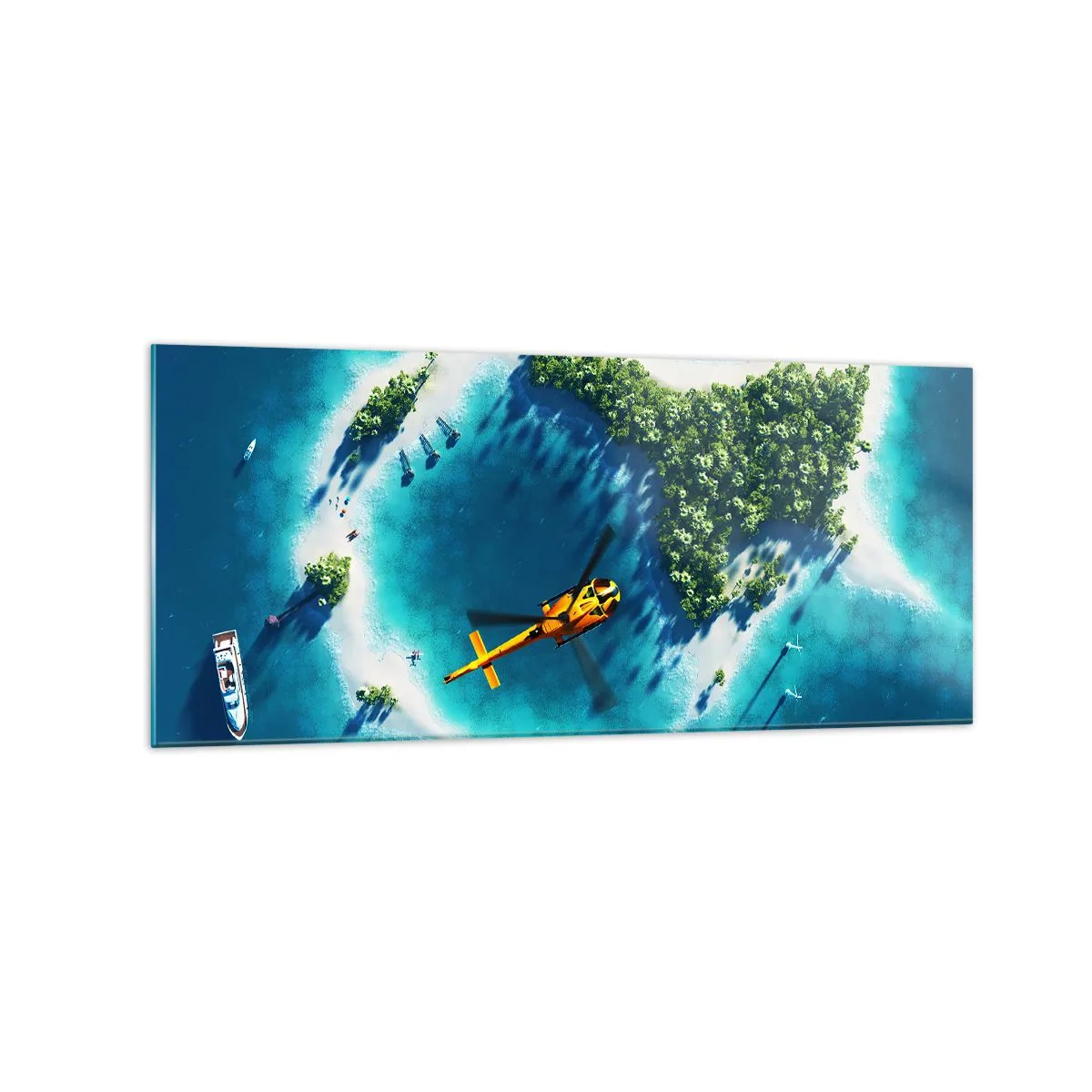 Cuadro sobre vidrio - Impresiones sobre Vidrio - Una isla tropical rodeada de agua turquesa con un helicóptero a la vista. - 120x50cm - Cómprate una isla - Decoración de pared moderna para salón y dormitorio ARTTOR