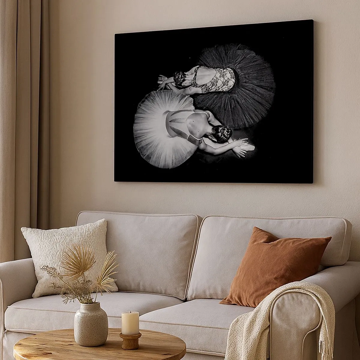 Cuadro sobre lienzo - Impresión de Imagen - Una imagen en blanco y negro de dos bailarinas en una pose dinámica. - 70x50cm - Yin y yang: el equilibrio perfecto - Decoración de pared moderna para salón y dormitorio ARTTOR
