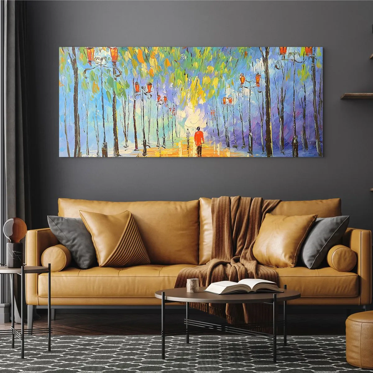 Cuadro sobre vidrio - Impresiones sobre Vidrio - Un pintoresco paseo entre los faroles en una noche lluviosa. - 140x50cm - La canción nocturna de la lluvia - Decoración de pared moderna para salón y dormitorio ARTTOR