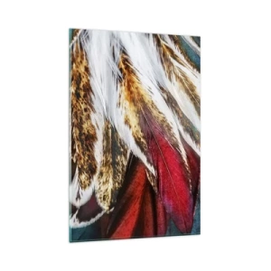 Cuadro sobre vidrio - Impresiones sobre Vidrio - Primer plano de plumas multicolores en colores vibrantes e intensos. - 80x120cm - Los misterios del vuelo - Decoración de pared moderna para salón y dormitorio ARTTOR