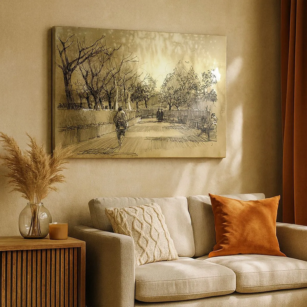 Cuadro sobre lienzo - Impresión de Imagen - Una escena de dibujos animados de un parque con gente caminando en tonos cálidos. - 70x50cm - Un momento hecho a pluma - Decoración de pared moderna para salón y dormitorio ARTTOR