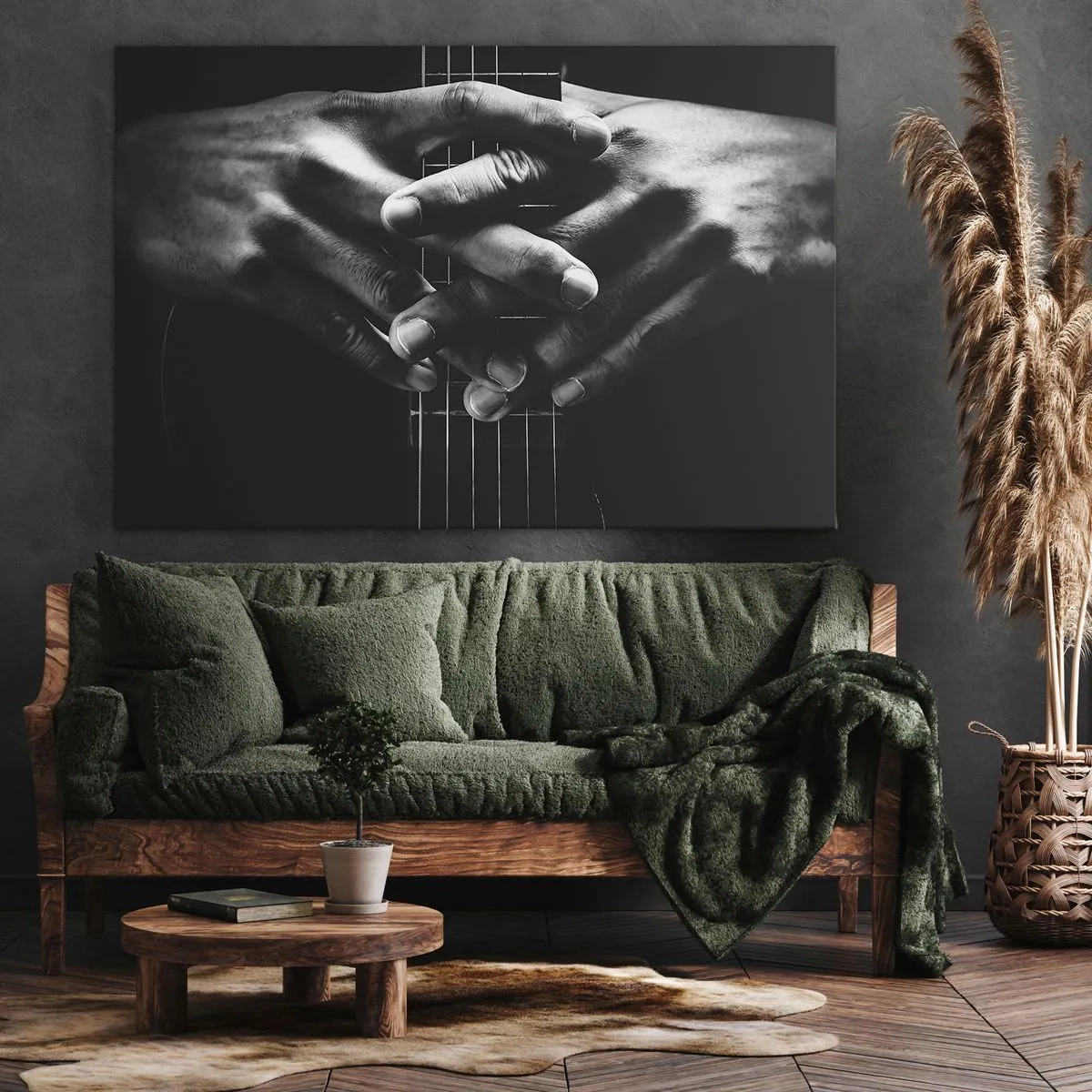 Cuadro sobre lienzo - Impresión de Imagen - Manos unidas sobre una guitarra en un tono monocromático. - 70x50cm - La oración del artista - Decoración de pared moderna para salón y dormitorio ARTTOR