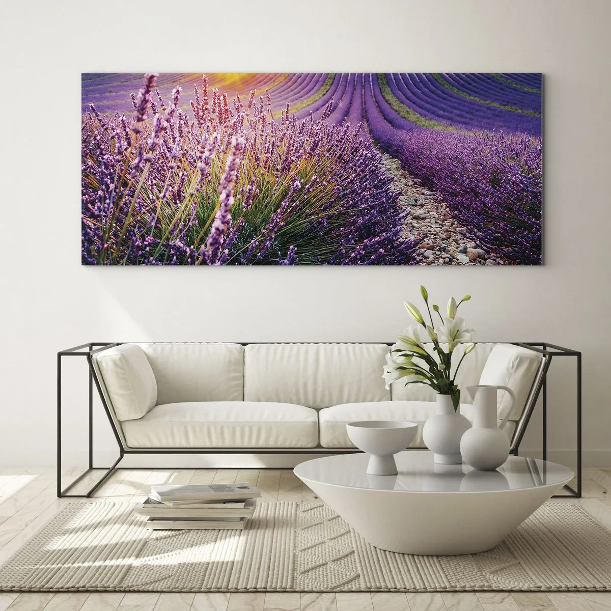 Cuadro sobre vidrio - Impresiones sobre Vidrio - Campo de lavanda al atardecer - 120x50cm - Pradera fragante - Decoración de pared moderna para salón y dormitorio ARTTOR