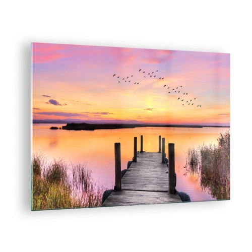 Cuadro sobre vidrio - Impresiones sobre Vidrio - Muelle junto al lago al atardecer con pájaros en el cielo - 70x50cm - Violeta amanecer silencioso - Decoración de pared moderna para salón y dormitorio ARTTOR