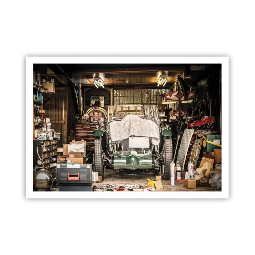 Póster - Un coche viejo en un garaje rodeado de herramientas y equipos. - 100x70cm - Volver al pasado - Decoración de pared moderna para salón y dormitorio ARTTOR