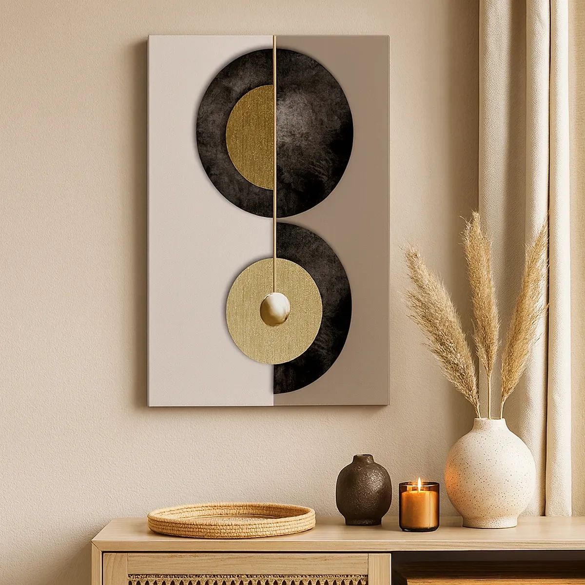 Cuadro sobre lienzo - Impresión de Imagen - Círculos abstractos en tonos dorados y marrones. - 50x70cm - Variaciones en torno a un círculo - Decoración de pared moderna para salón y dormitorio ARTTOR