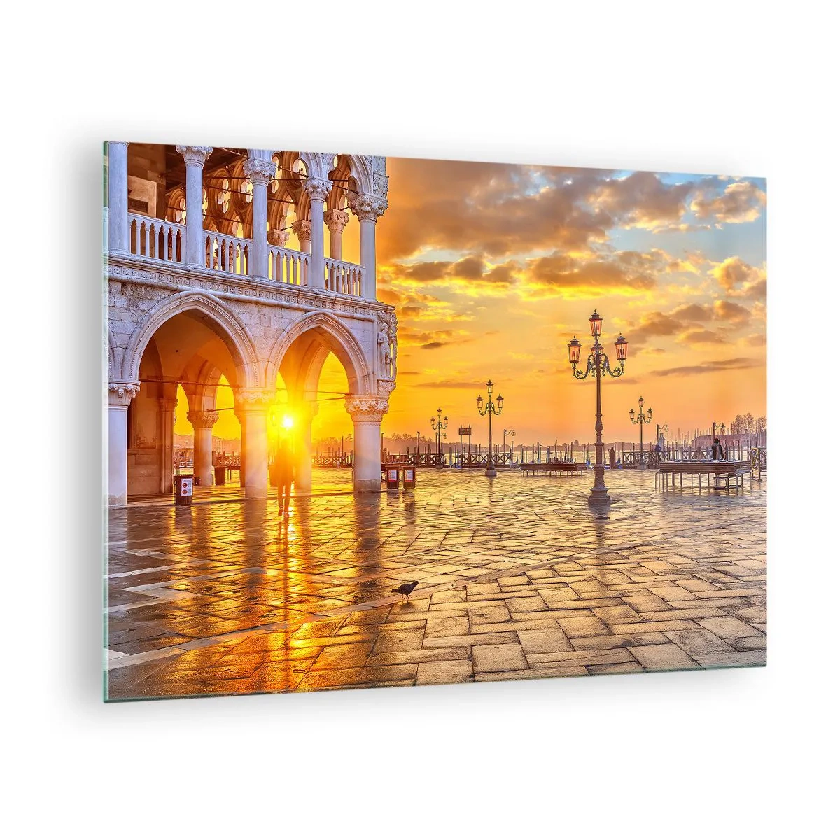 Cuadro sobre vidrio - Impresiones sobre Vidrio - Amanecer sobre las arcadas y la plaza - 70x50cm - ¿Dónde están todos? - Decoración de pared moderna para salón y dormitorio ARTTOR