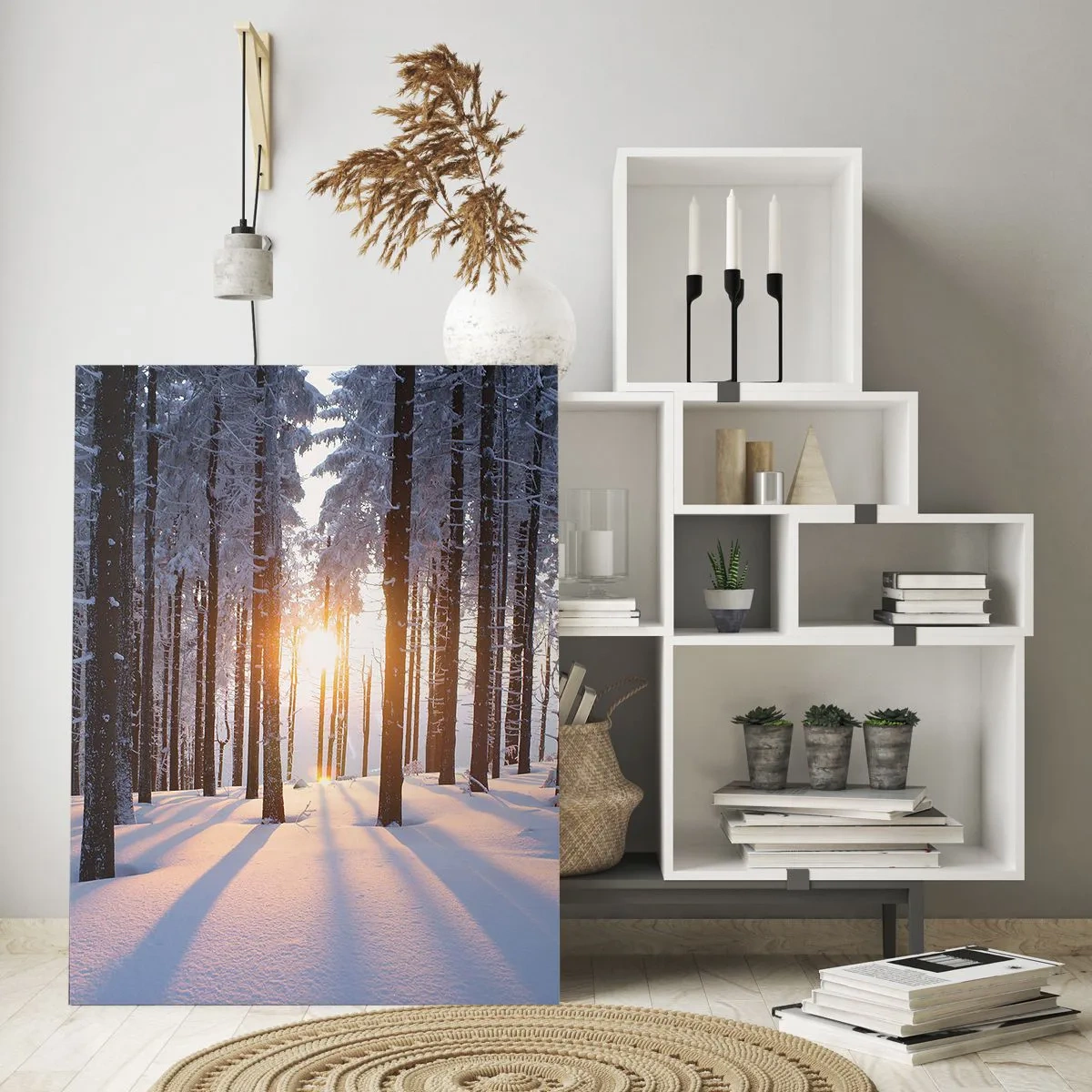 Cuadro sobre vidrio - Impresiones sobre Vidrio - Bosque invernal con rayos de sol brillando a través de los árboles. - 50x70cm - Claramente en blanco y negro - Decoración de pared moderna para salón y dormitorio ARTTOR