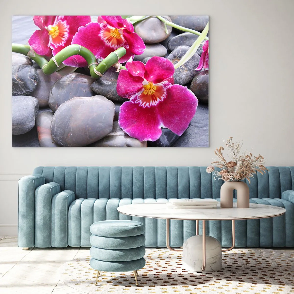 Cuadro sobre vidrio - Impresiones sobre Vidrio - Orquídeas rosas con bambú sobre piedras. - 70x50cm - Frío y calor - Decoración de pared moderna para salón y dormitorio ARTTOR