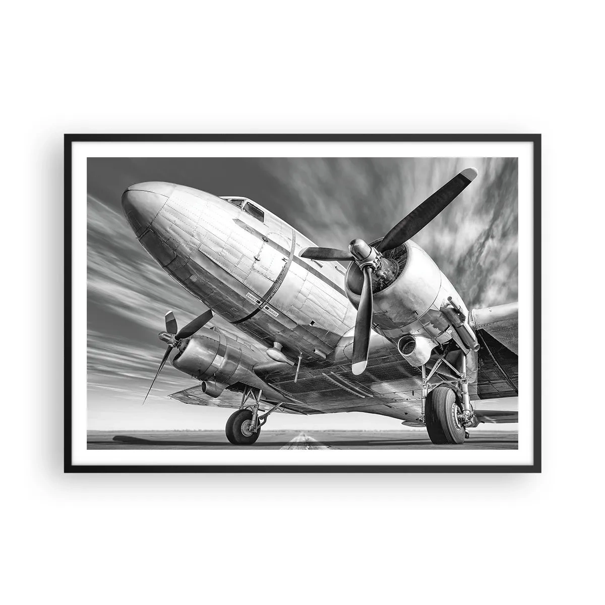 Póster en marco negro - Una imagen en blanco y negro de un avión clásico con detalles estructurales visibles. - 100x70cm - Siempre listo para volar - Decoración de pared moderna para salón y dormitorio ARTTOR