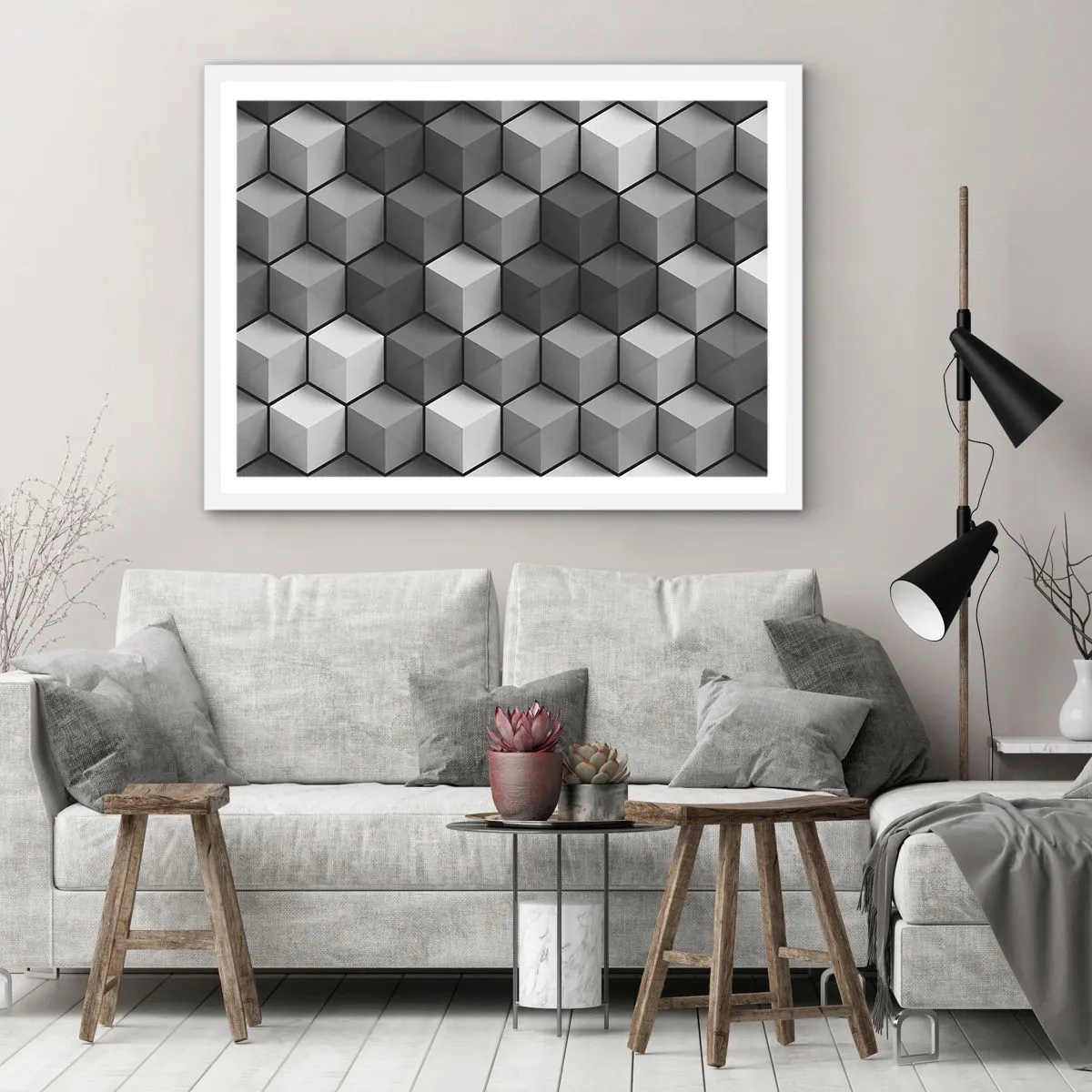 Póster en marco blanco - Rompecabezas cubista - 91x61 cm