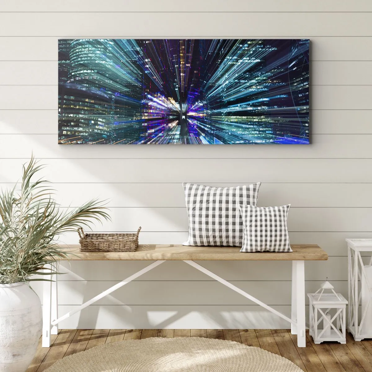 Cuadro sobre lienzo - Impresión de Imagen - Vista dinámica de la ciudad por la noche con efecto de iluminación. - 140x50cm - Cruzando el hiperespacio - Decoración de pared moderna para salón y dormitorio ARTTOR