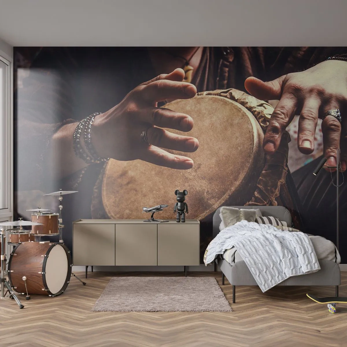 Fotomural Premium Canvas - En el ritmo del corazón - Juego de batería, África, Música - 250x175 cm