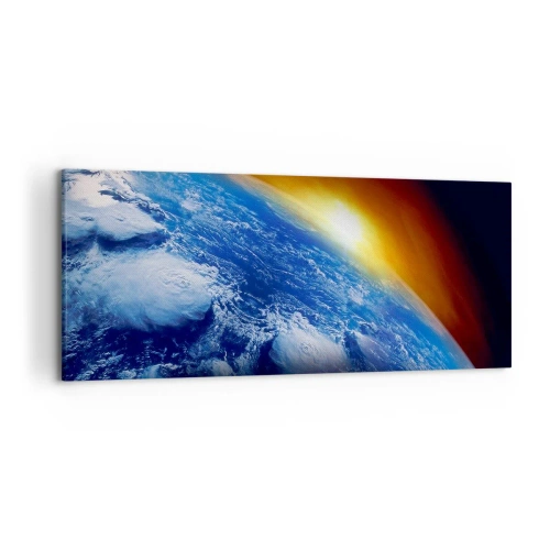 Cuadro sobre lienzo - Impresión de Imagen - Vista de la Tierra desde el espacio al atardecer - 120x50cm - Amanecer en un planeta azul - Decoración de pared moderna para salón y dormitorio ARTTOR