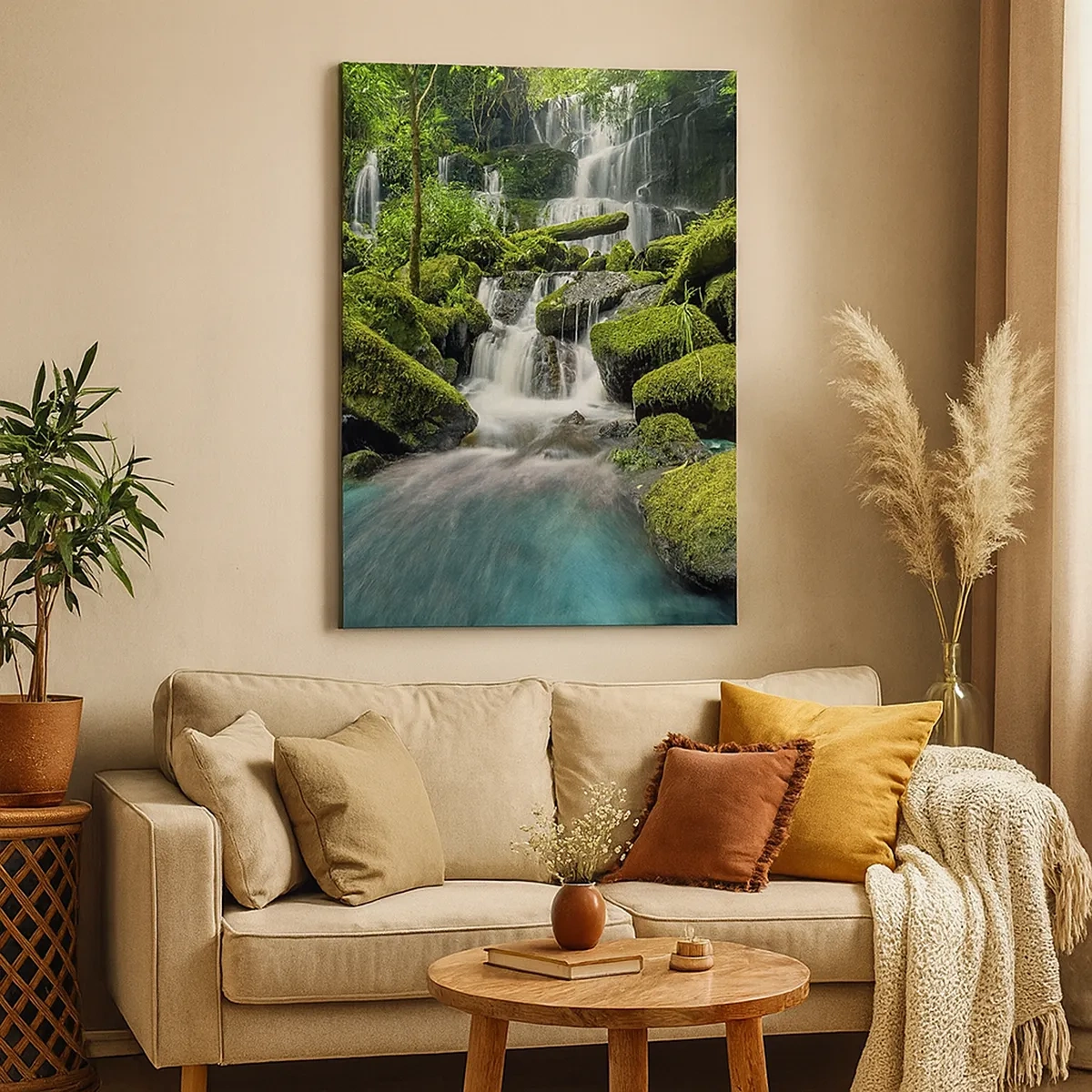 Cuadro sobre lienzo - Impresión de Imagen - Una cascada tropical rodeada de vegetación y agua turquesa. - 50x70cm - Turquesa, zafiro y plata líquida - Decoración de pared moderna para salón y dormitorio ARTTOR