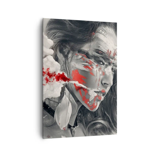 Cuadro sobre lienzo - Impresión de Imagen - Retrato artístico de una mujer con acentos rojos abstractos. - 70x100cm - En los humos del absurdo - Decoración de pared moderna para salón y dormitorio ARTTOR
