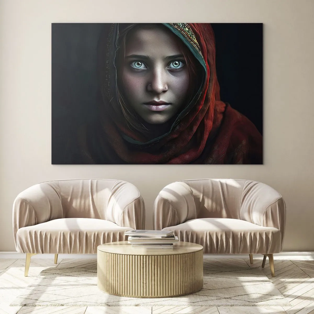 Cuadro sobre vidrio - Impresiones sobre Vidrio - Retrato de una mujer con un pañuelo rojo sobre un fondo oscuro. - 70x50cm - Princesa del Este - Decoración de pared moderna para salón y dormitorio ARTTOR