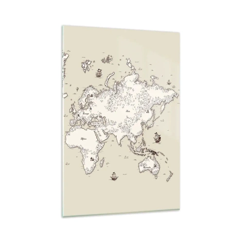Cuadro sobre vidrio - Impresiones sobre Vidrio - Un mapa estilizado del mundo en tonos beige y marrón. - 80x120cm - Un viaje alrededor del mundo - Decoración de pared moderna para salón y dormitorio ARTTOR