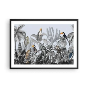 Póster en marco negro - Selva tropical con animales exóticos sobre un fondo gris. - 70x50cm - Un cuento de hadas africano - Decoración de pared moderna para salón y dormitorio ARTTOR