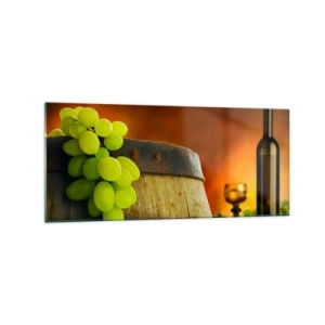 Cuadro sobre vidrio - Impresiones sobre Vidrio - Uvas en un barril de vino con un esquema de colores cálidos en el fondo. - 120x50cm - Bodegón con botella de vino y racimo de uvas - Decoración de pared moderna para salón y dormitorio ARTTOR