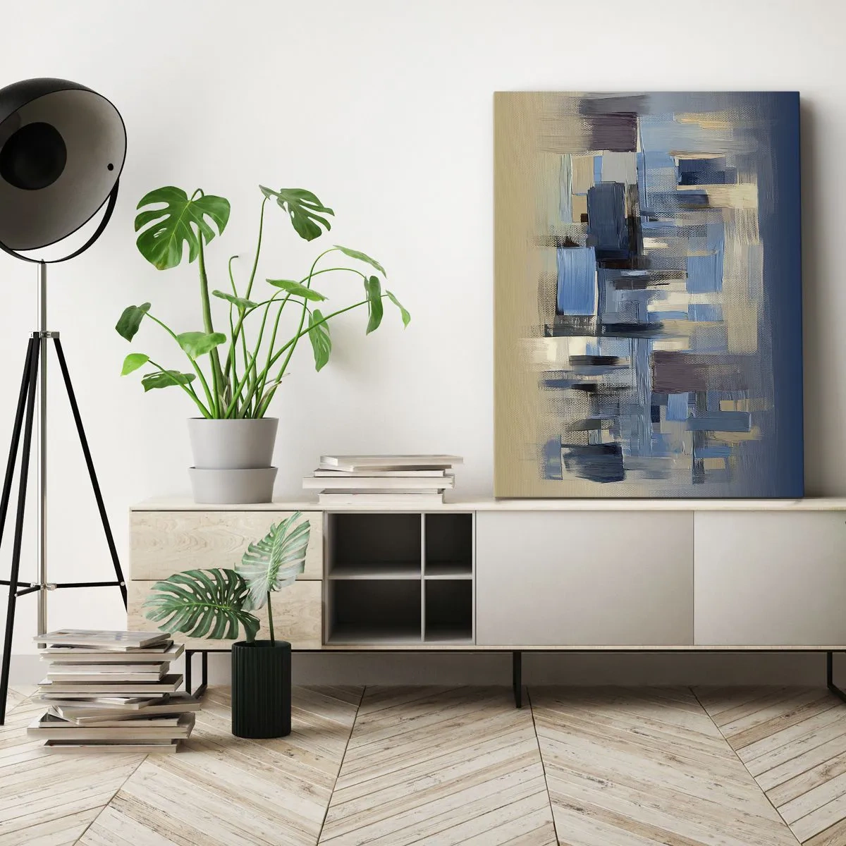 Cuadro sobre lienzo - Impresión de Imagen - Formas geométricas en tonos azules y beige. - 70x100cm - Construcción azul - Decoración de pared moderna para salón y dormitorio ARTTOR
