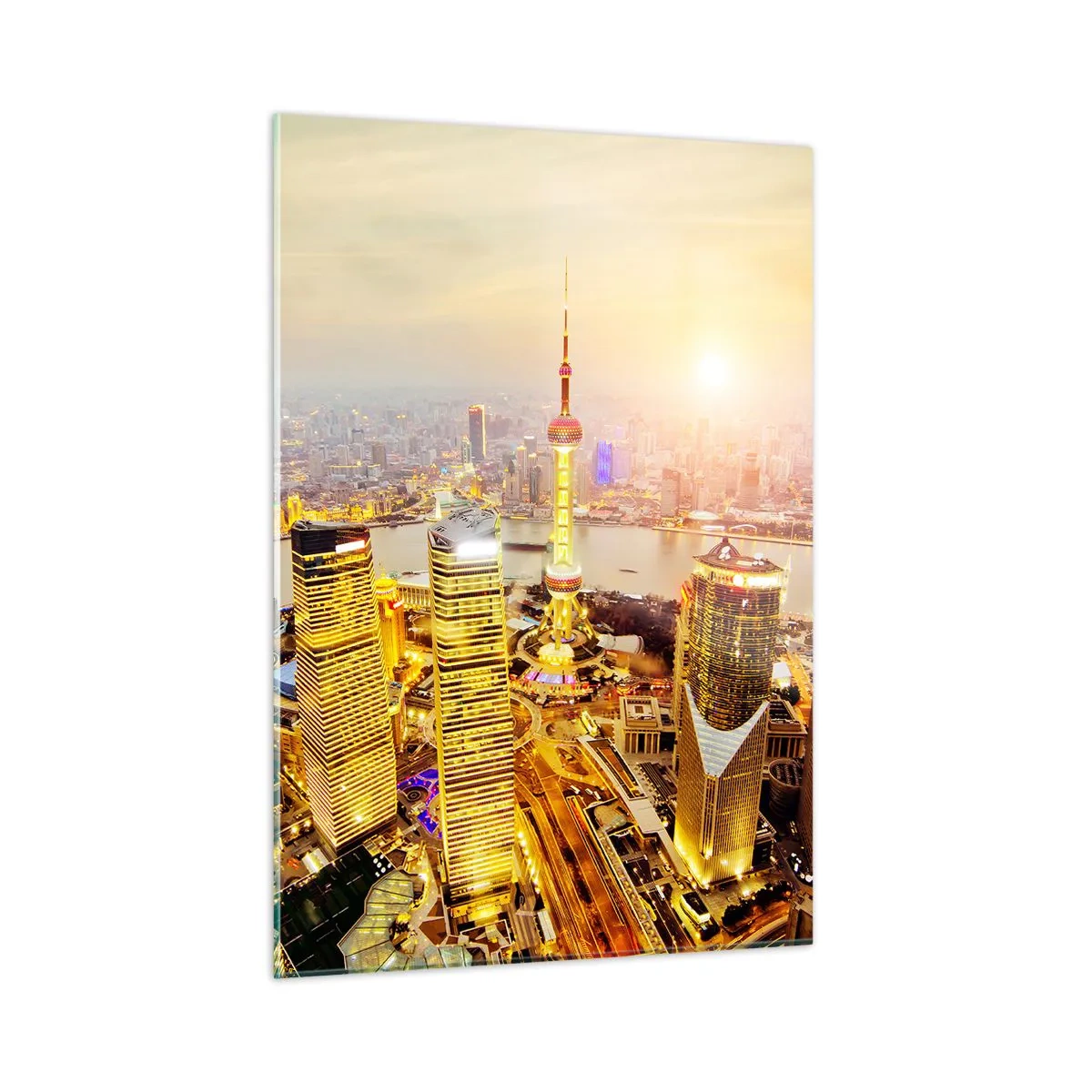 Cuadro sobre vidrio - Impresiones sobre Vidrio - Panorama de la ciudad al atardecer con rascacielos. - 50x70cm - Sueño asiático - Decoración de pared moderna para salón y dormitorio ARTTOR