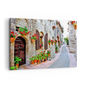 Cuadro sobre lienzo - Impresión de Imagen - Una calle estrecha con edificios de piedra decorados con macetas. - 120x80cm - Ambiente italiano - Decoración de pared moderna para salón y dormitorio ARTTOR
