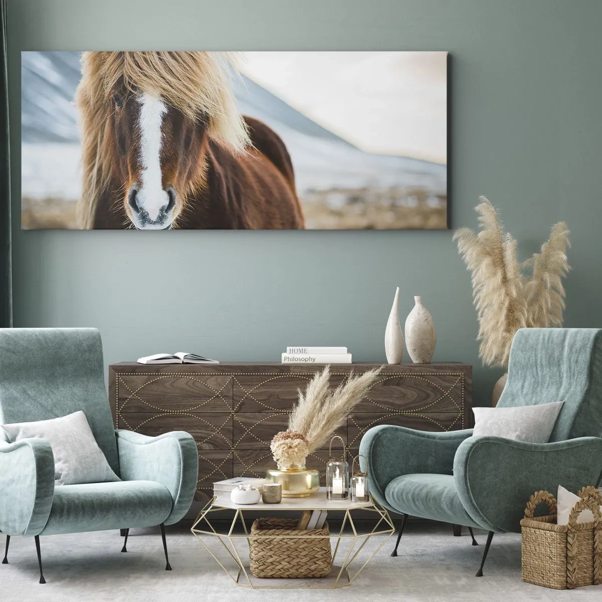 Cuadro sobre lienzo - Impresión de Imagen - Caballo islandés frente a un paisaje montañoso - 140x50cm - ¿Puedes sentir la libertad? - Decoración de pared moderna para salón y dormitorio ARTTOR