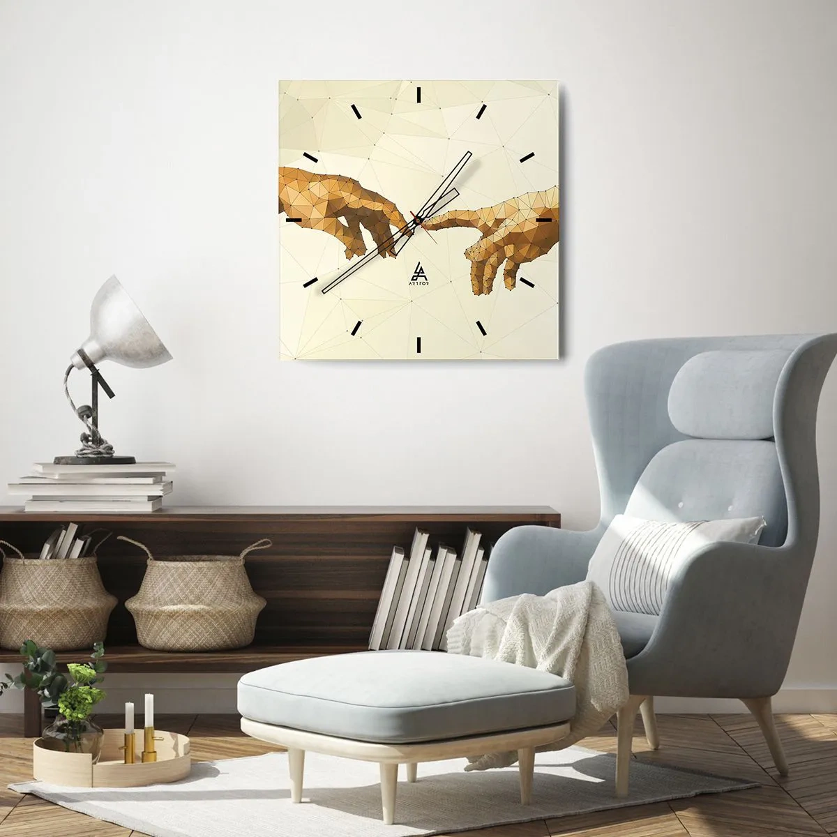 Reloj de pared - Reloj de vidrio - Manos geométricas que se extienden una hacia la otra sobre un fondo claro. - 30x30cm - Geometría divina - Decoración de pared moderna para salón y dormitorio ARTTOR