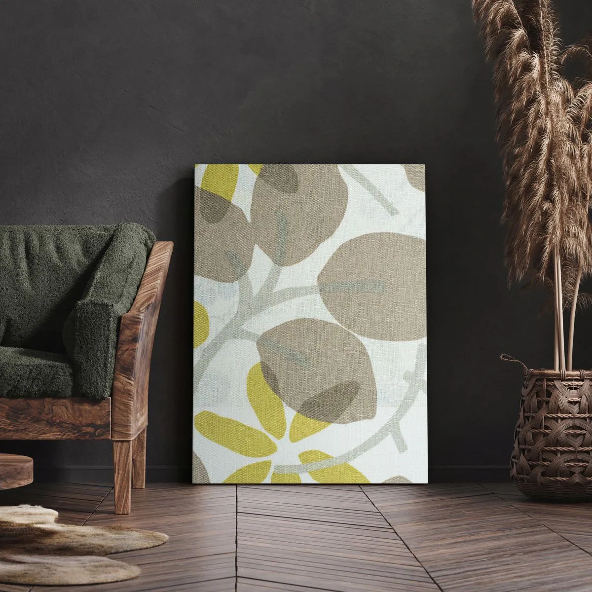 Cuadro sobre lienzo - Impresión de Imagen - Hojas abstractas en tonos beige y amarillo. - 50x70cm - Composición a pleno sol - Decoración de pared moderna para salón y dormitorio ARTTOR