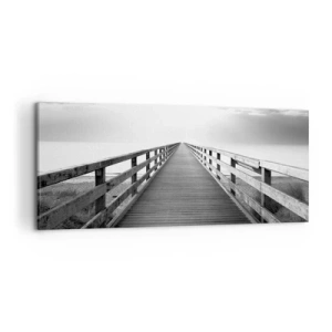 Cuadro sobre lienzo - Impresión de Imagen - Una imagen en blanco y negro de un embarcadero de madera que conduce hacia el horizonte. - 120x50cm - En la distancia... - Decoración de pared moderna para salón y dormitorio ARTTOR