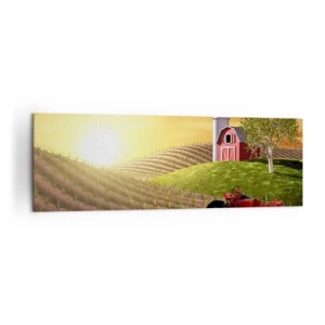 Cuadro sobre lienzo - Impresión de Imagen - Paisaje rural con un granero rojo, un tractor y el amanecer. - 160x50cm - Una granja como un cuento de hadas - Decoración de pared moderna para salón y dormitorio ARTTOR