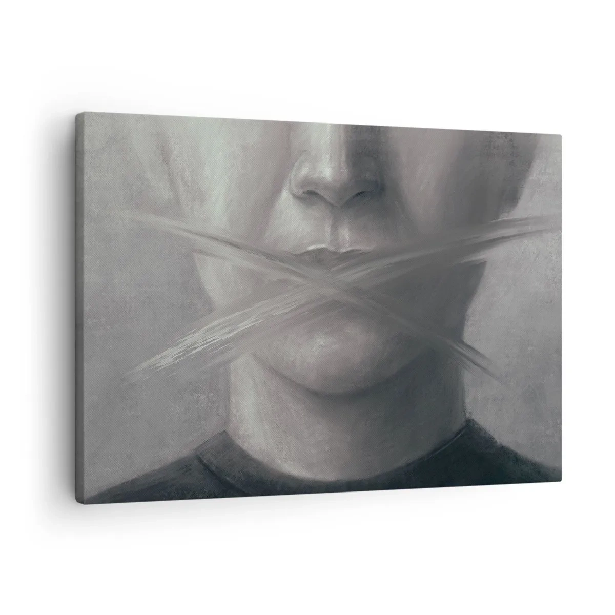Cuadro sobre lienzo - Impresión de Imagen - Un retrato simbólico con labios difuminados en tonos grises. - 70x50cm - Ni una palabra - Decoración de pared moderna para salón y dormitorio ARTTOR