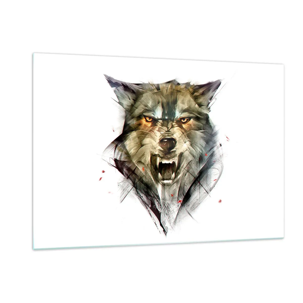 Cuadro sobre vidrio - Impresiones sobre Vidrio - Un gráfico de un lobo amenazante con la boca abierta y una mirada intensa. - 120x80cm - ¡No te muevas! - Decoración de pared moderna para salón y dormitorio ARTTOR