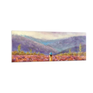 Cuadro sobre vidrio - Impresiones sobre Vidrio - Una mujer con sombrero caminando por un campo de lavanda. - 140x50cm - En un mundo de lavanda - Decoración de pared moderna para salón y dormitorio ARTTOR