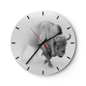 Reloj de pared - Reloj de vidrio - Ilustración en blanco y negro de un búfalo frente a una esfera de reloj blanca. - 30x30cm - Rey de la pradera - Decoración de pared moderna para salón, cocina y dormitorio ARTTOR