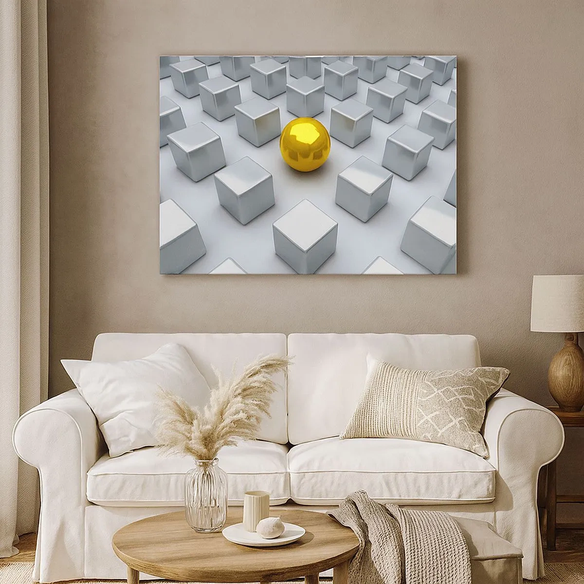 Cuadro sobre lienzo - Impresión de Imagen - Una esfera dorada que destaca entre los cubos plateados. - 70x50cm - ¿Por qué yo? Composición geométrica - Decoración de pared moderna para salón y dormitorio ARTTOR