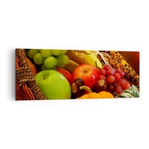 Cuadro sobre lienzo - Impresión de Imagen - Una cesta de frutas, calabazas y maíz sobre un fondo de colores otoñales. - 140x50cm - Cesta de la cosecha - Decoración de pared moderna para salón y dormitorio ARTTOR